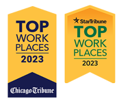 top workplace 2023 badges from the Chicago Tribune and Star Tribune