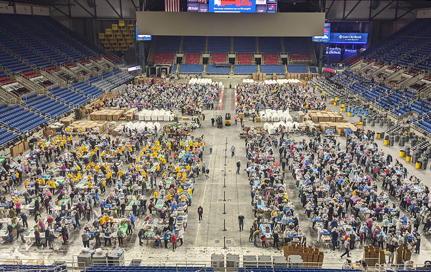 aerial photo of thousands of FMSC volunteers in the FargoDome in Fargo ND