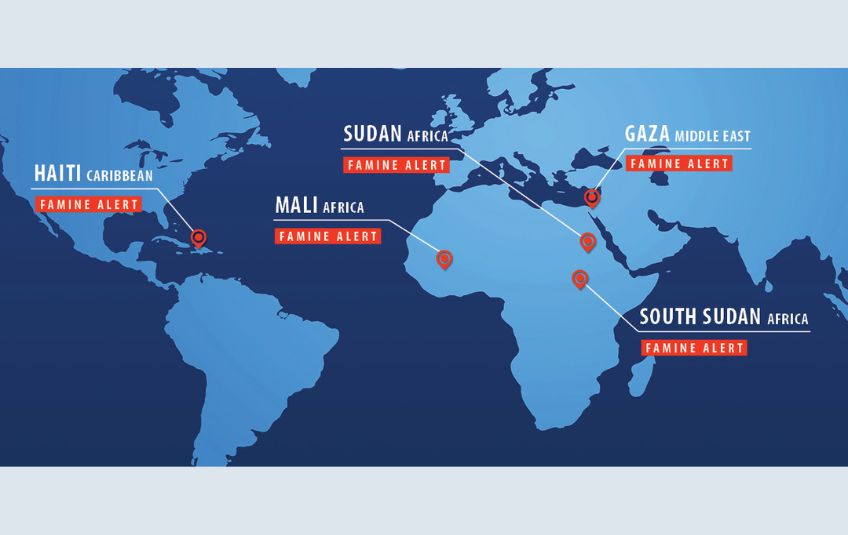 Map of the world locating 5 spots of famine: Haiti, Sudan, Mali, South Sudan, Gaza
