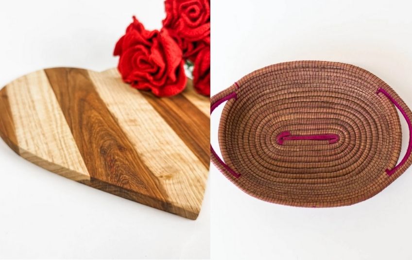 heart shaped wood charcuterie board, crocheted roses, woven basket