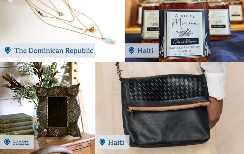 Christmas story jewelry necklace set and Haitian honey and metal art picture frame and leather purse
