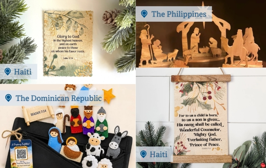 wooden nativity set and felt kids toy Christmas story set and sign and magnet with Christmas story Bible verses