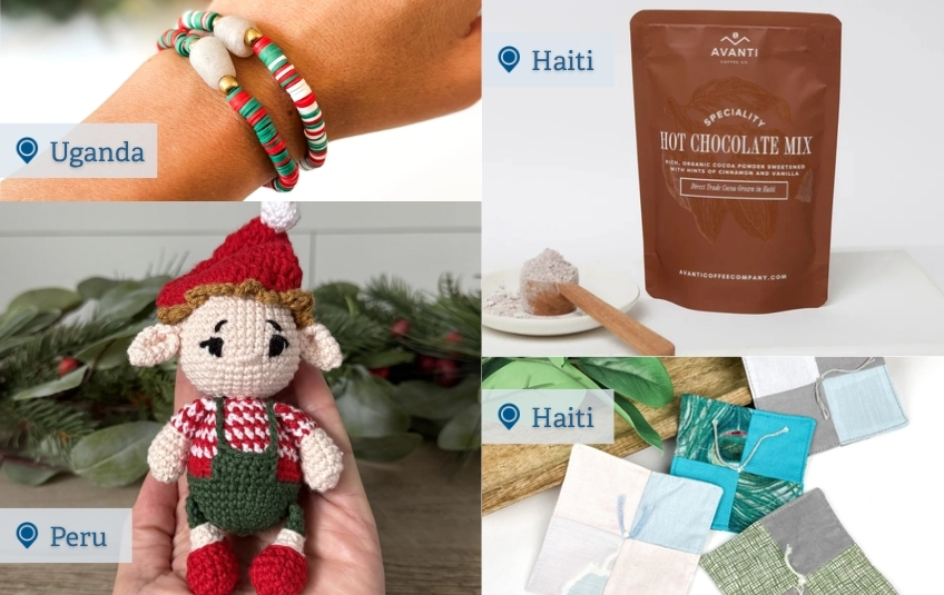 Christmas beaded bracelets and mini elf plushie and prayer squares and Haitian hot chocolate mix