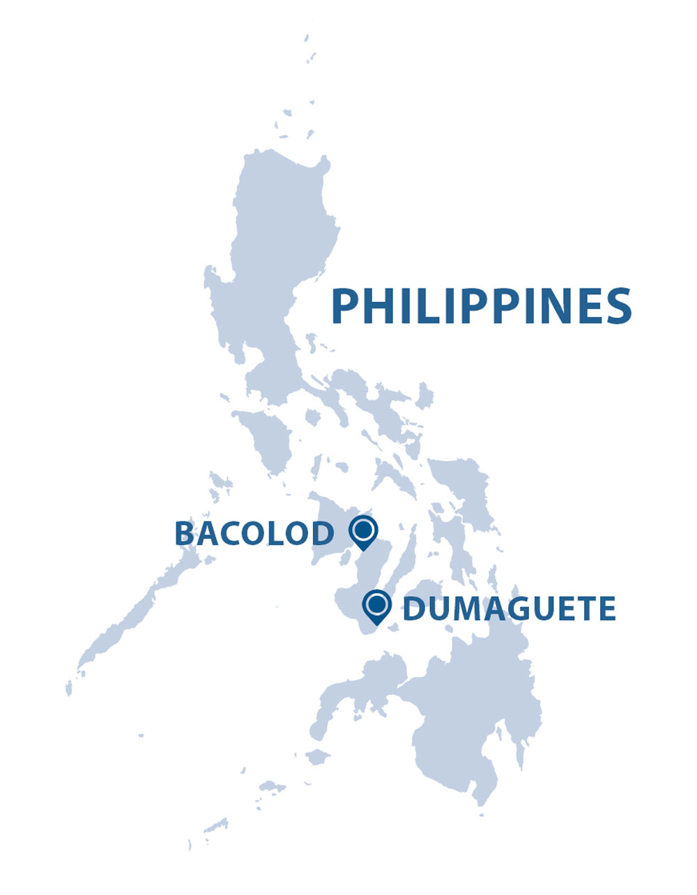 Map of the Philippines with the cities of Bacolod and Dumaguete marked