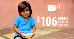 Facebook sharing photo with FMSC logo and a girl holding food alongside text that says $106 feeds a child for a year