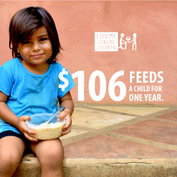 Instagram sharing photo with FMSC logo and a girl holding food alongside text that says $106 feeds a child for a year